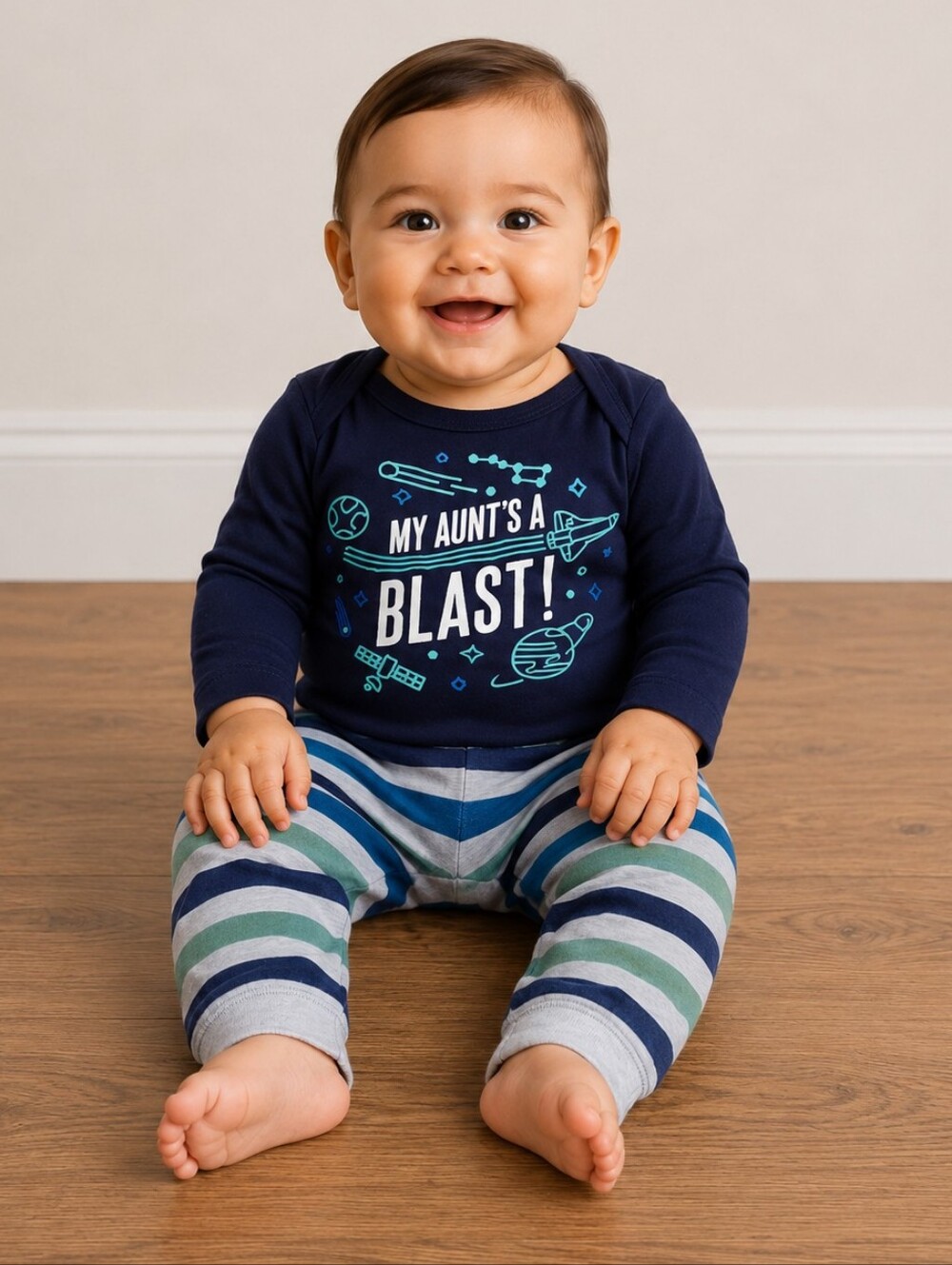 Navy Graphic Onesie and Striped Pants Set